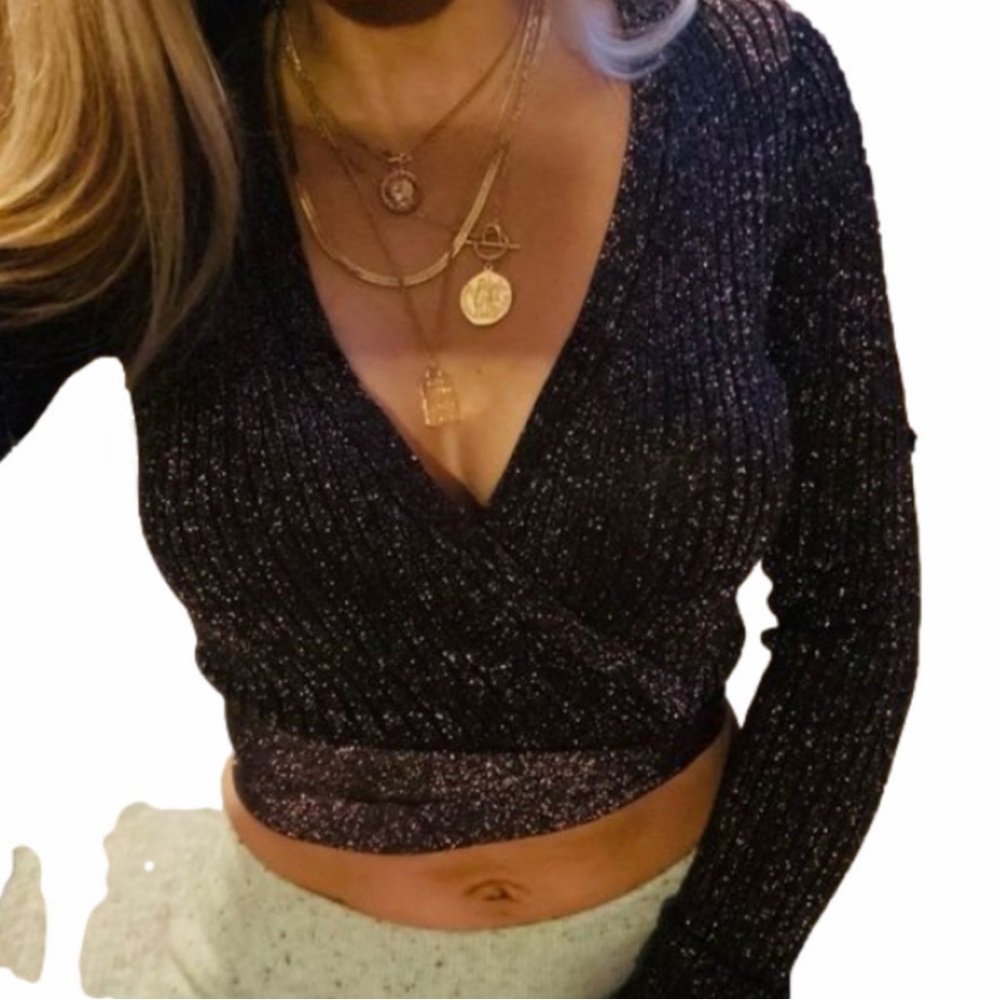 NWOT Revolve Superdown Black Sparkly Wrap Crop Top Medium